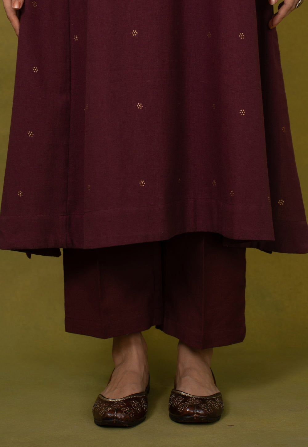 Malika Wine Rogan Handblock Printed Cotton Kali Kurta Suit Set (Set of 3)