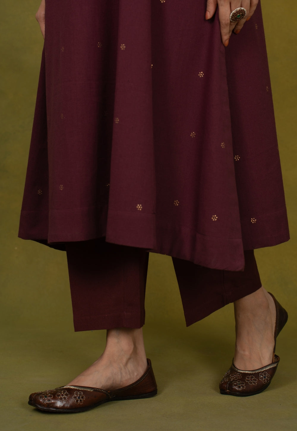 Malika Wine Rogan Handblock Printed Cotton Kali Kurta Suit Set (Set of 3)