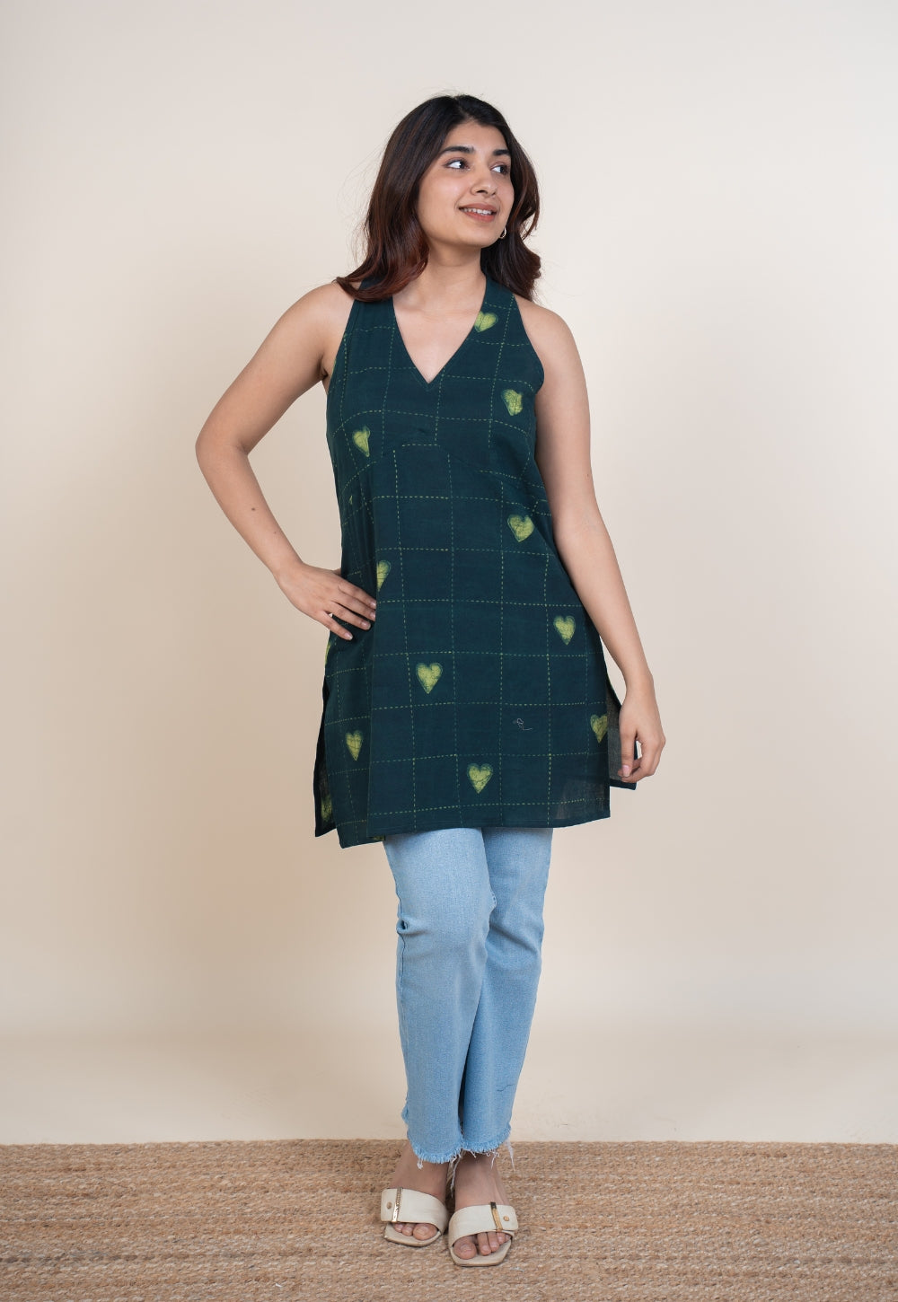 Sivya Green Dabu Cotton Straight Short Top
