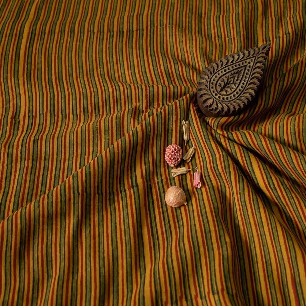 Yellow Stripes Ajrakh Hand Block Print Cotton Fabric