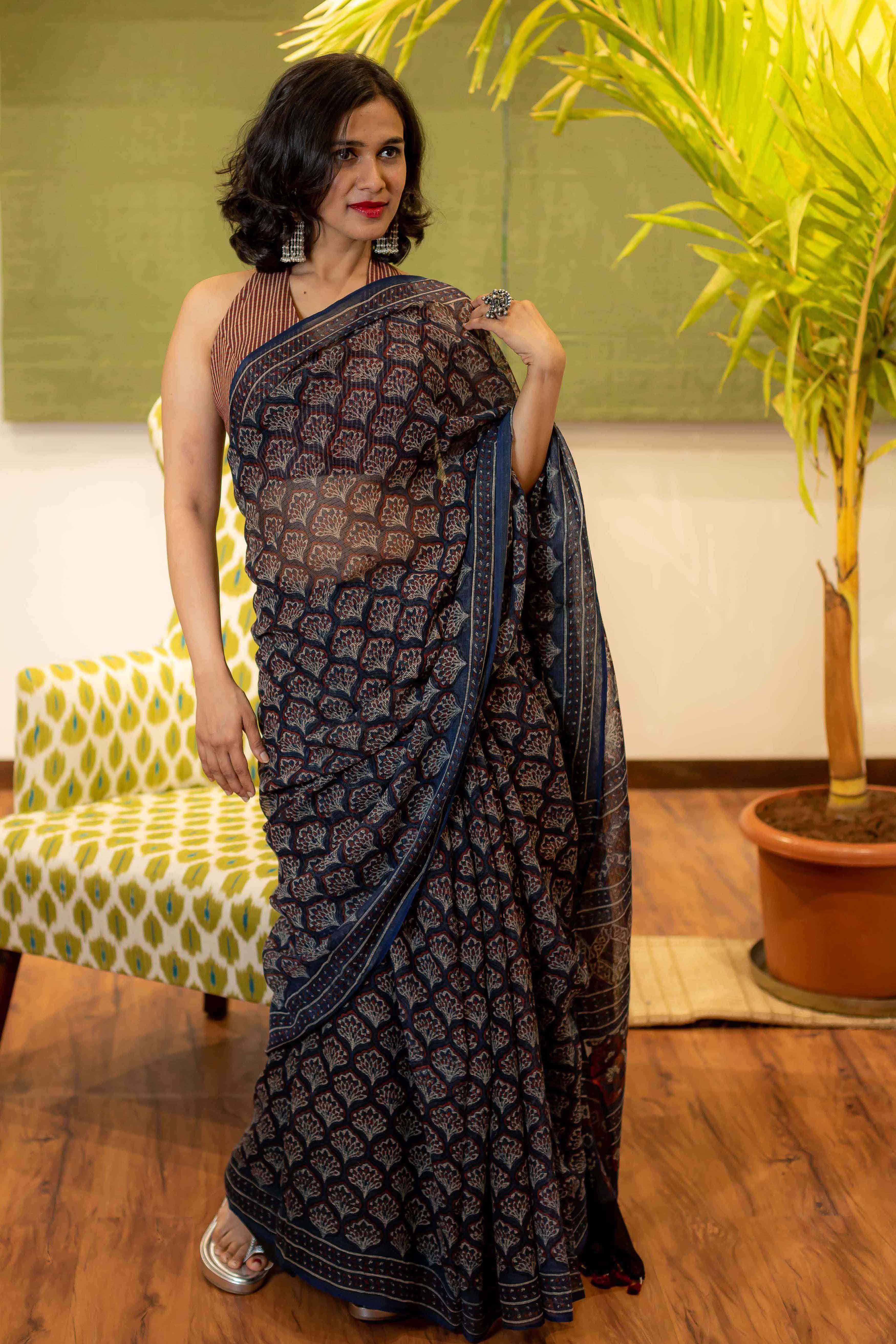 Ajrakh Natural Dyed Kota Doria Saree
