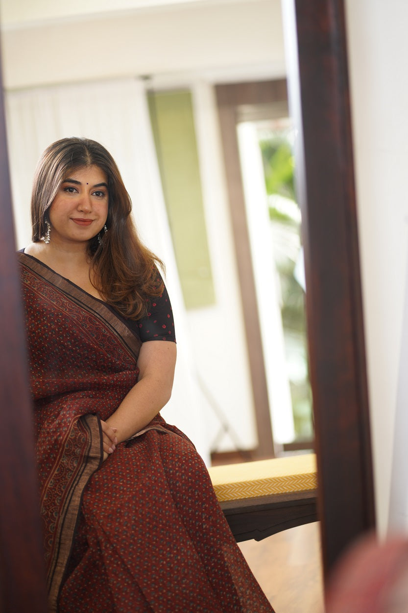 Ajrakh Hand Block Printed Linen Saree