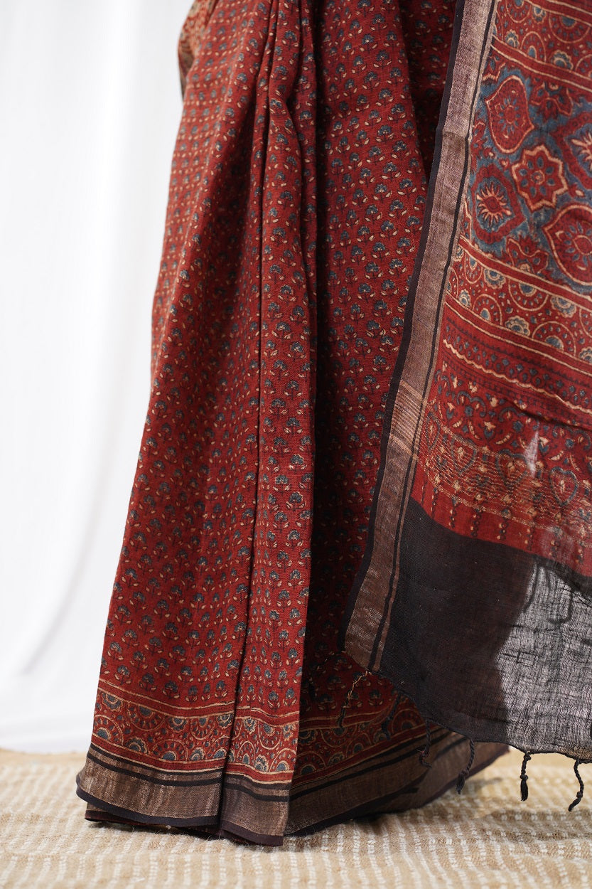 Ajrakh Hand Block Printed Linen Saree