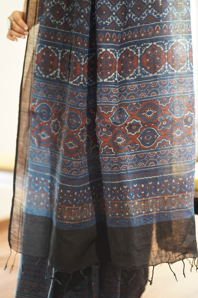 Ajrakh Hand Block Printed Linen Saree
