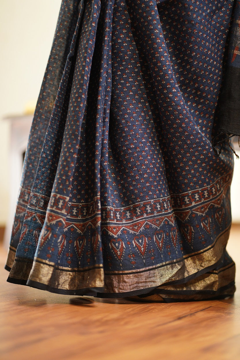Ajrakh Hand Block Printed Linen Saree