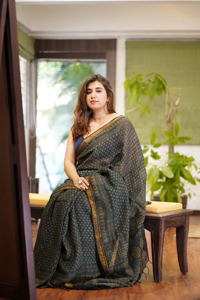 Ajrakh Hand Block Printed Linen Saree