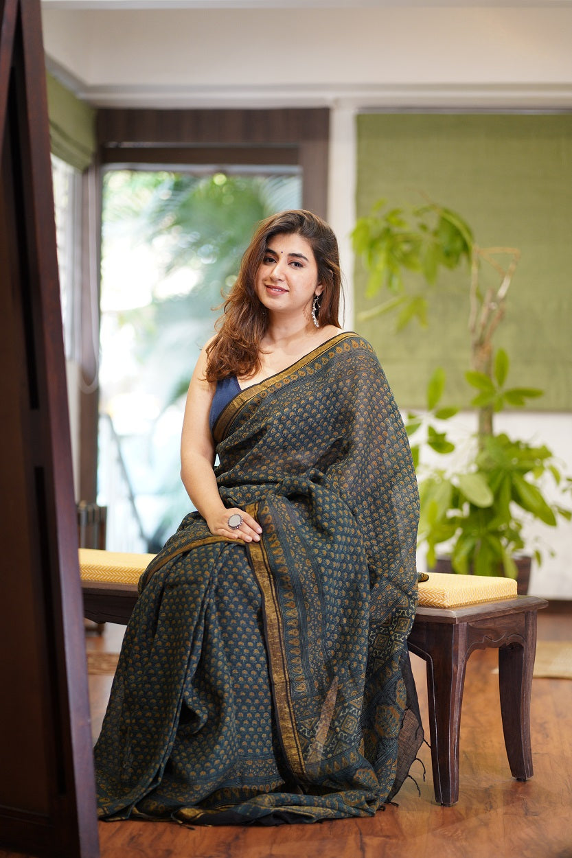 Ajrakh Hand Block Printed Linen Saree