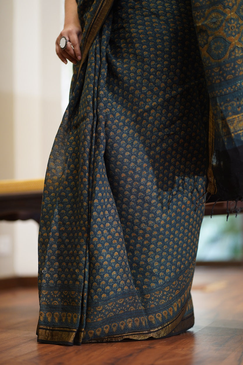 Ajrakh Hand Block Printed Linen Saree