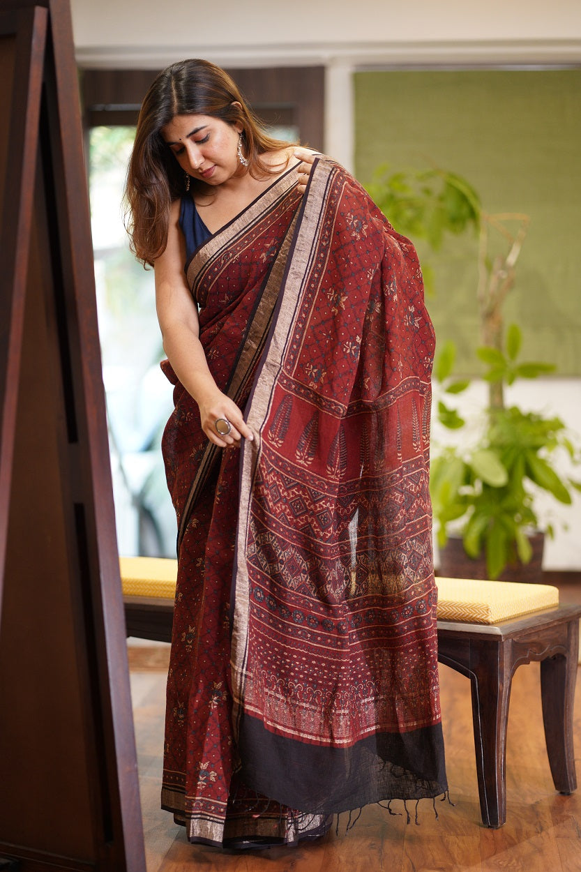 Ajrakh Hand Block Printed Linen Saree