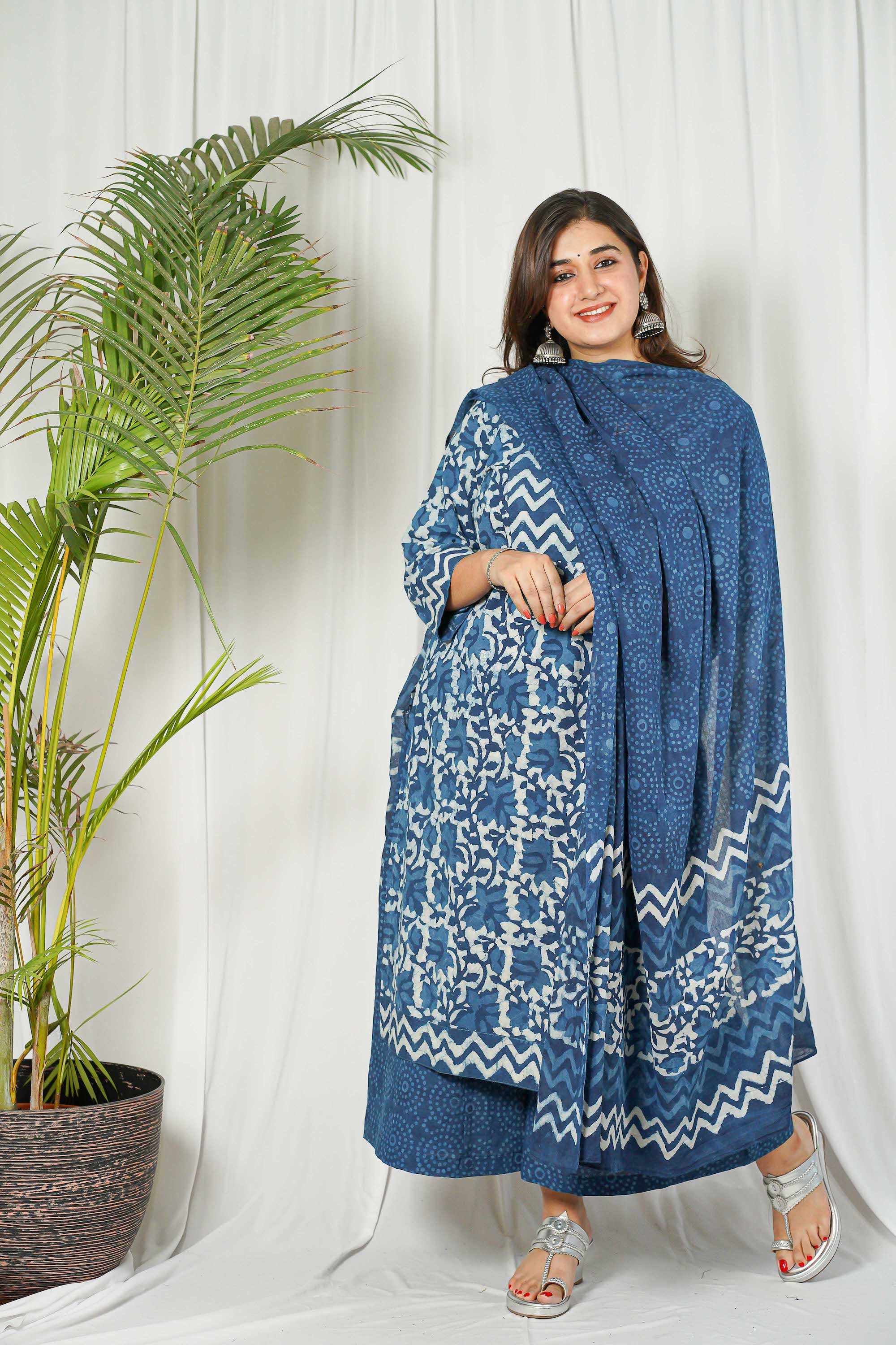 Indigo Dabu Patchwork Cotton Kurta Set