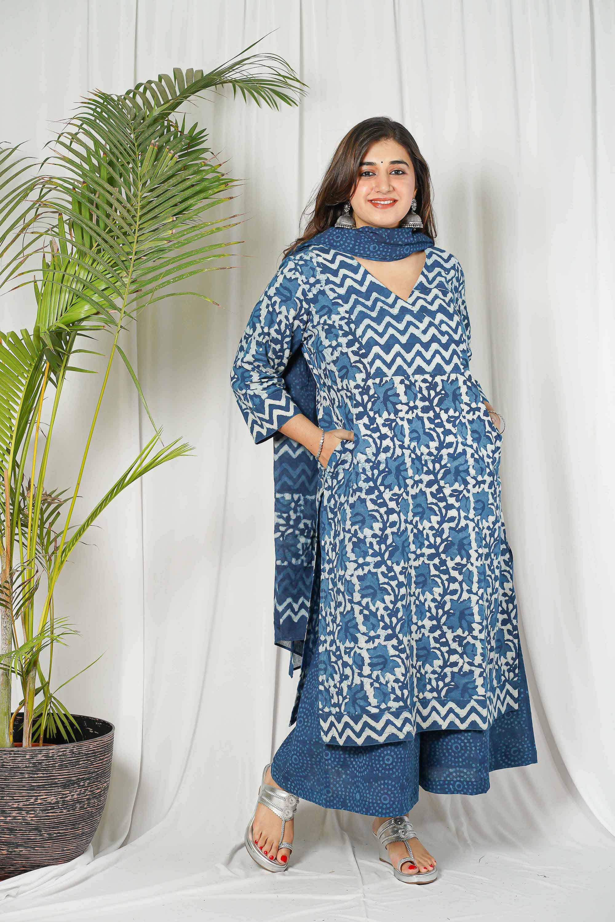 Indigo Dabu Patchwork Cotton Kurta Set