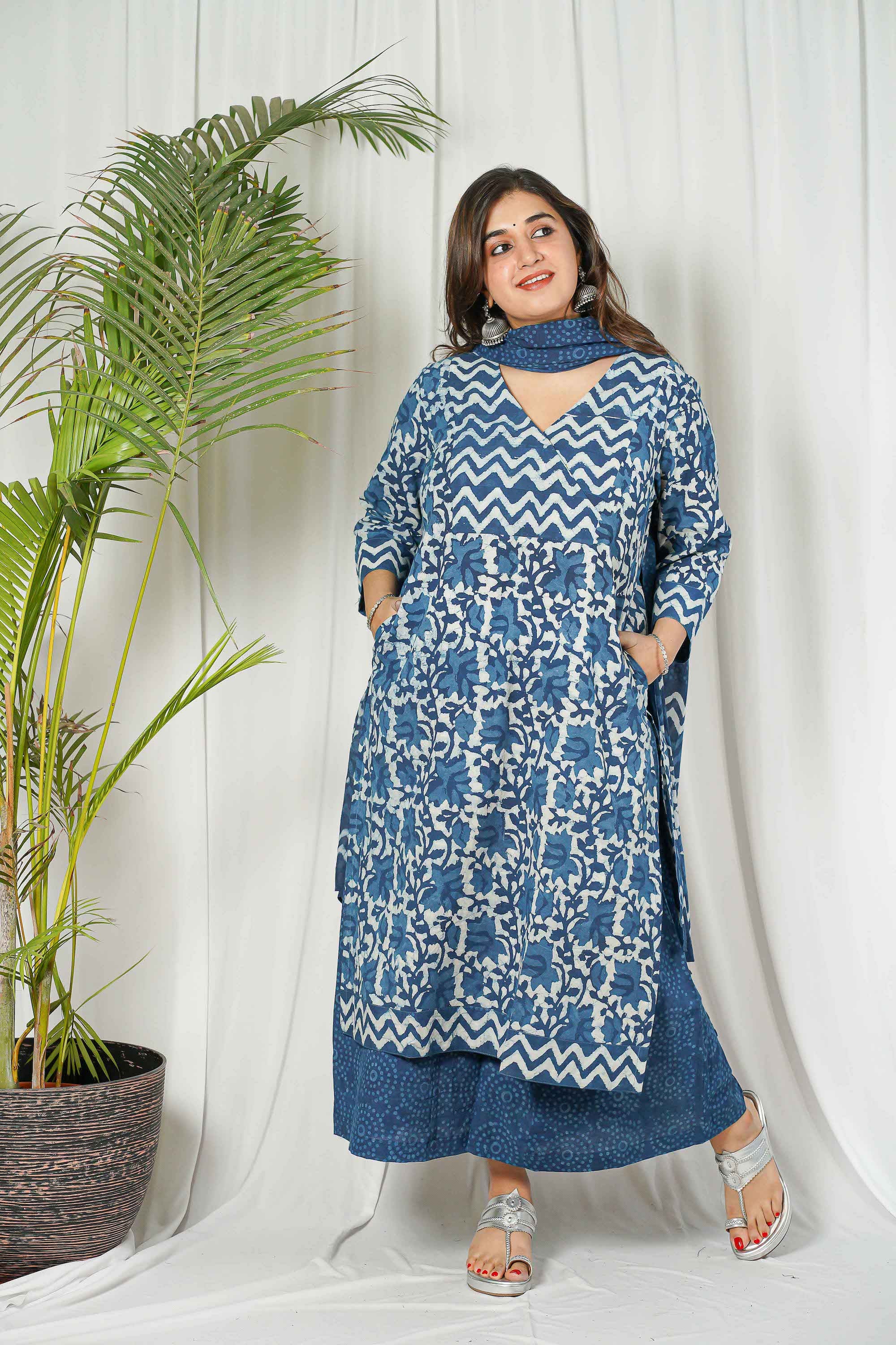 Indigo Dabu Patchwork Cotton Kurta Set
