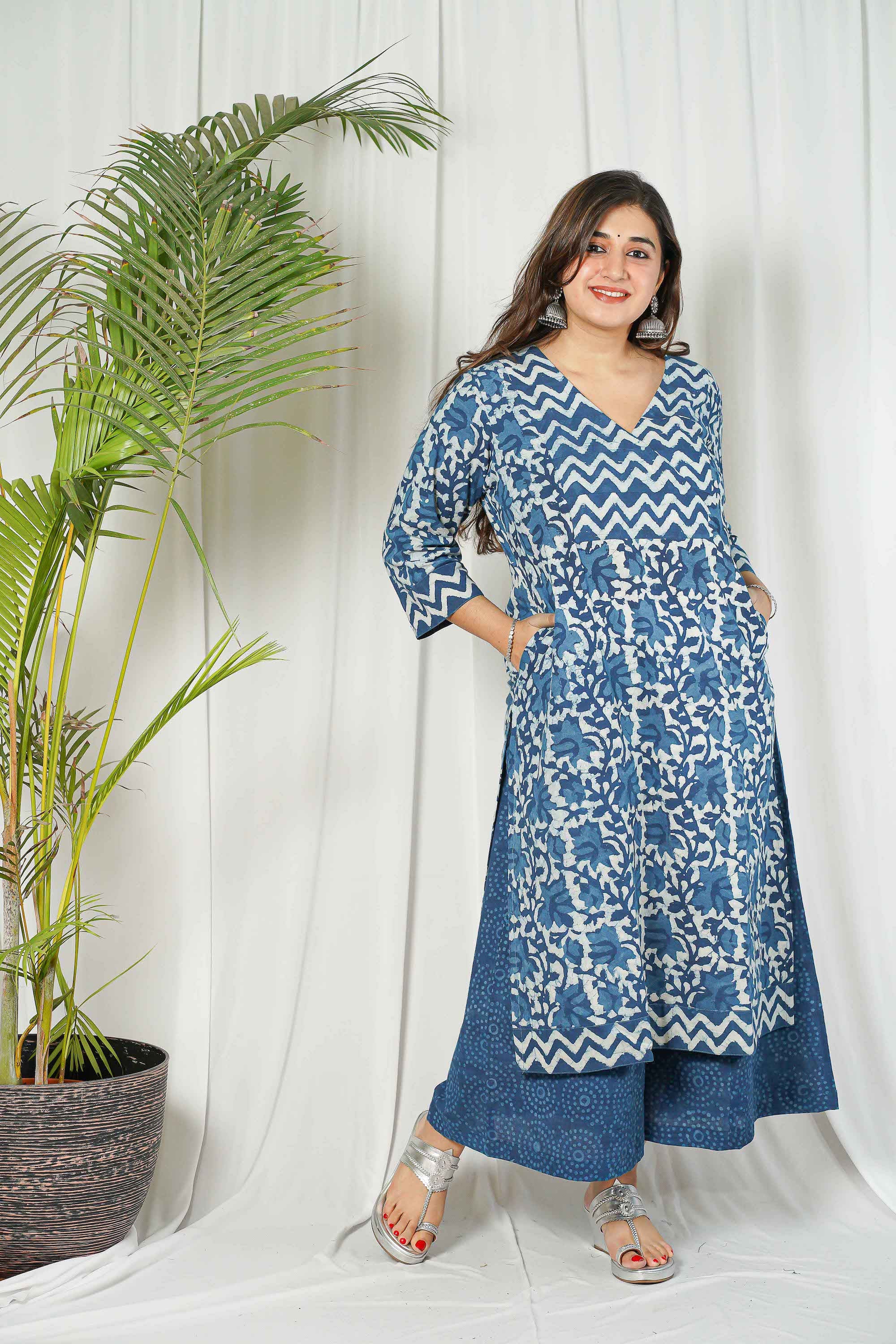 Indigo Dabu Patchwork Cotton Kurta Set