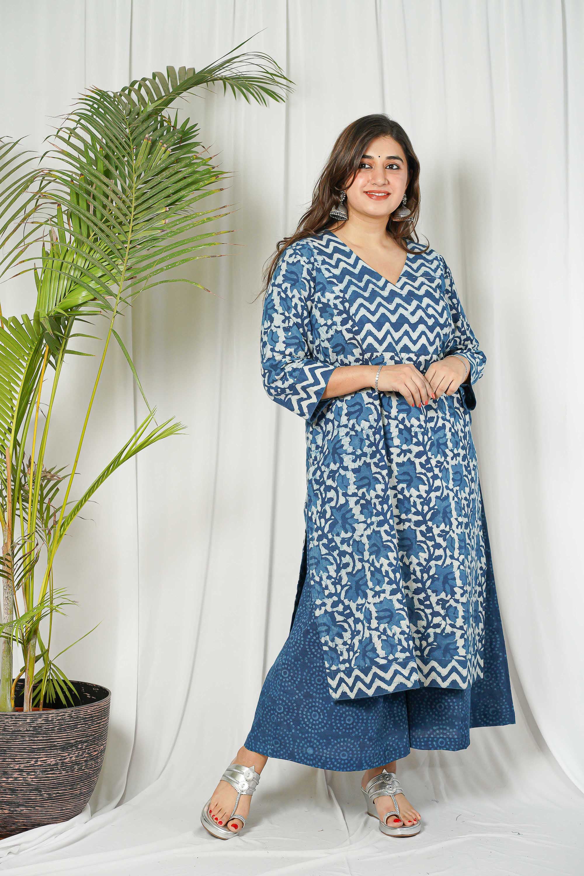 Indigo Dabu Patchwork Cotton Kurta Set