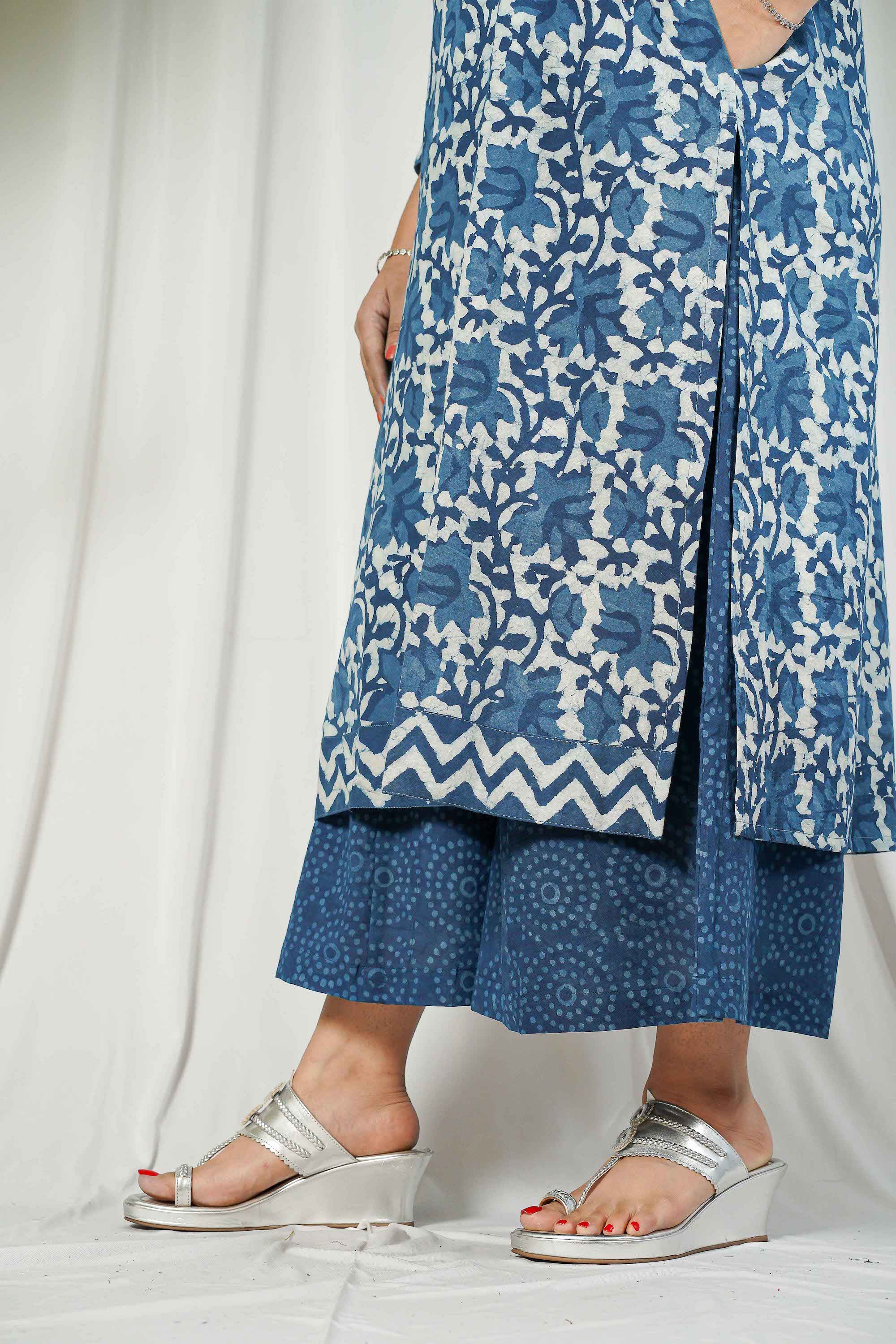 Indigo Dabu Patchwork Cotton Kurta Set