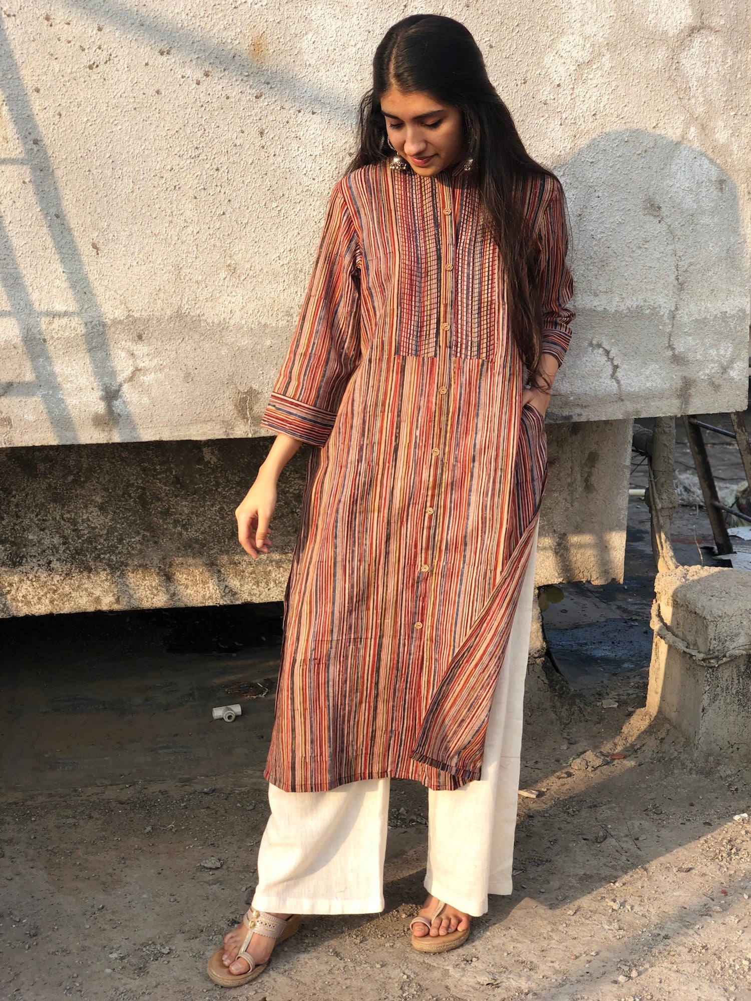 Kalamkari Striped Threaded Cotton Kurta