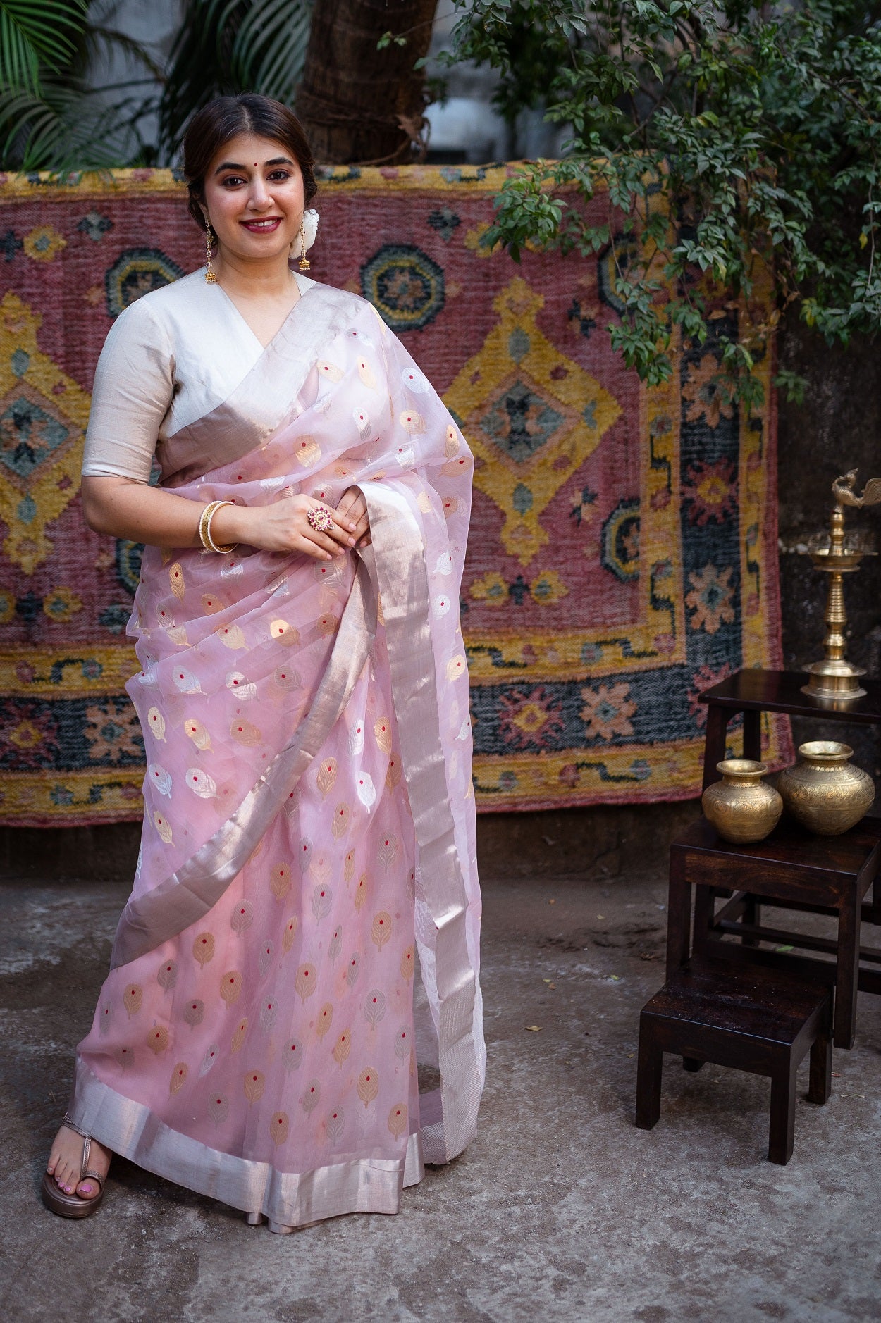 Light Pink Chanderi Sunflower Butta Organza Saree