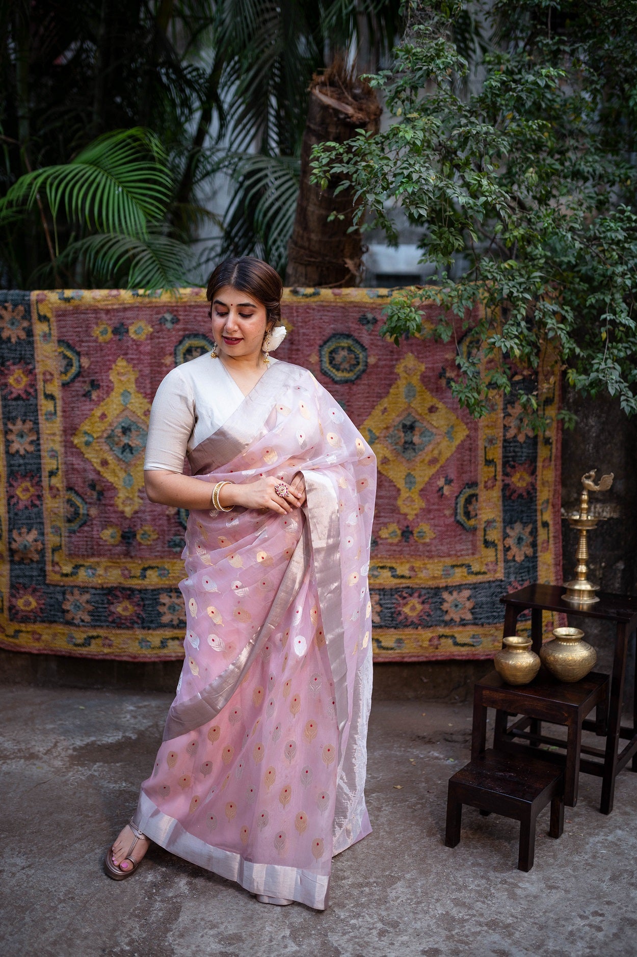 Light Pink Chanderi Sunflower Butta Organza Saree