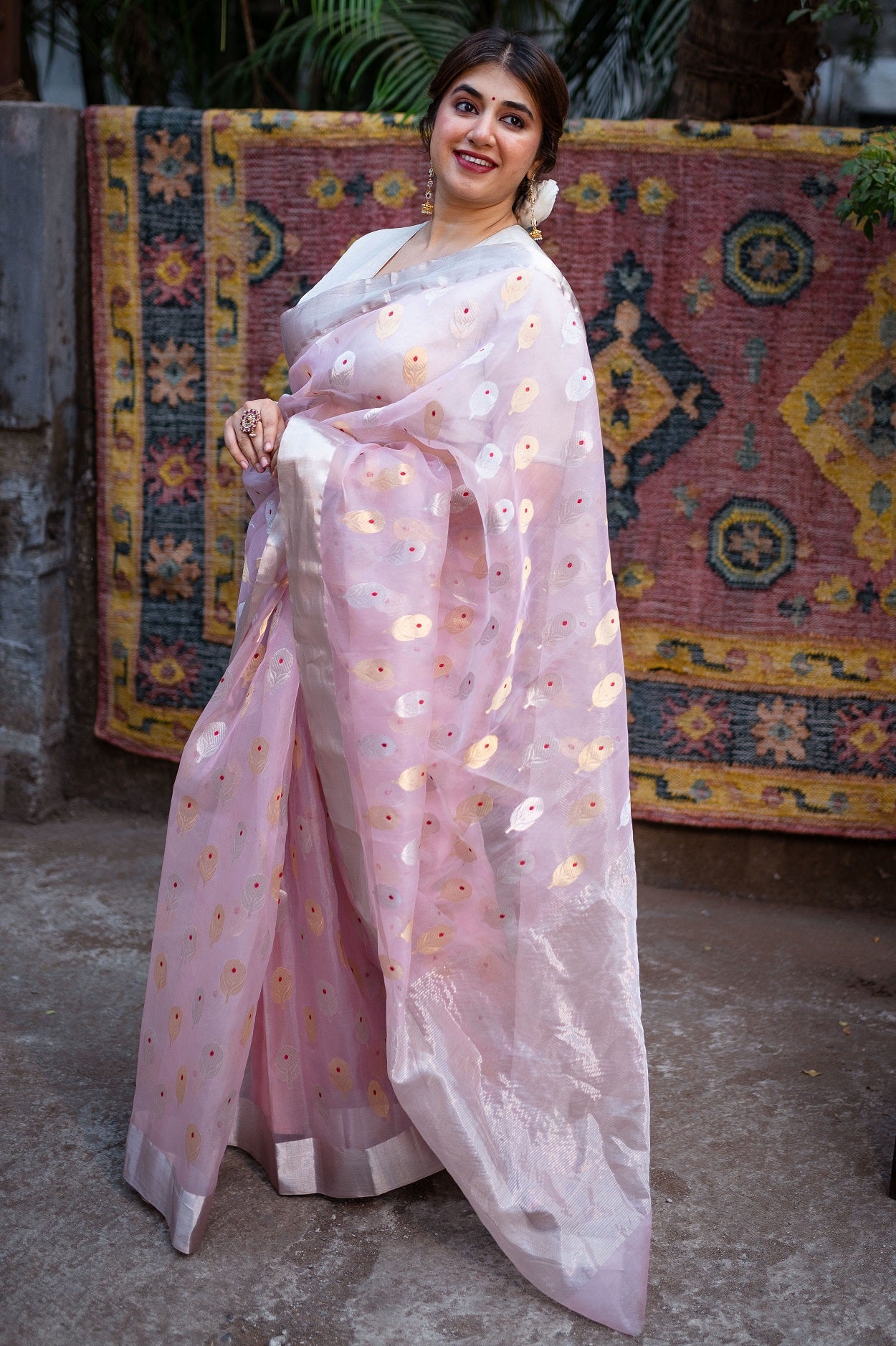 Light Pink Chanderi Sunflower Butta Organza Saree