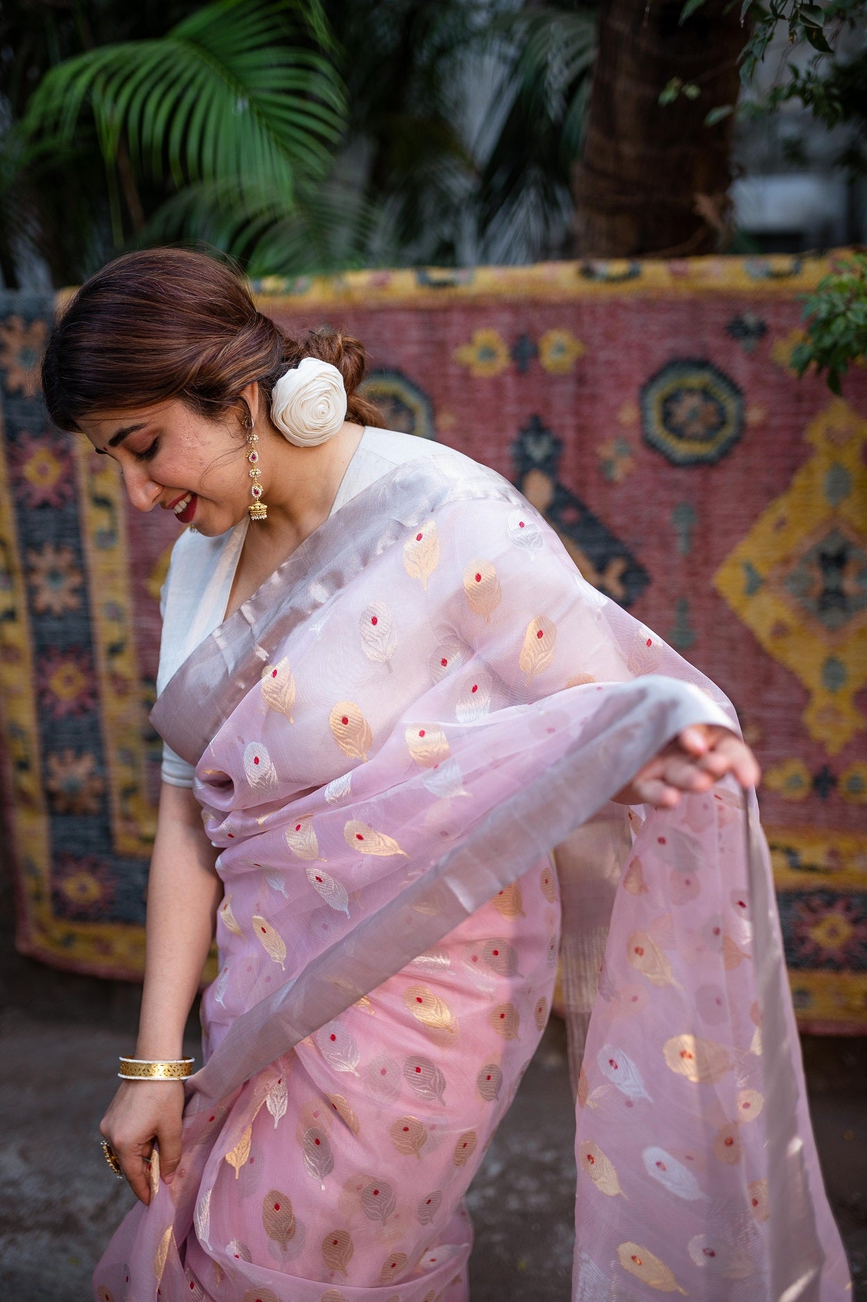 Light Pink Chanderi Sunflower Butta Organza Saree