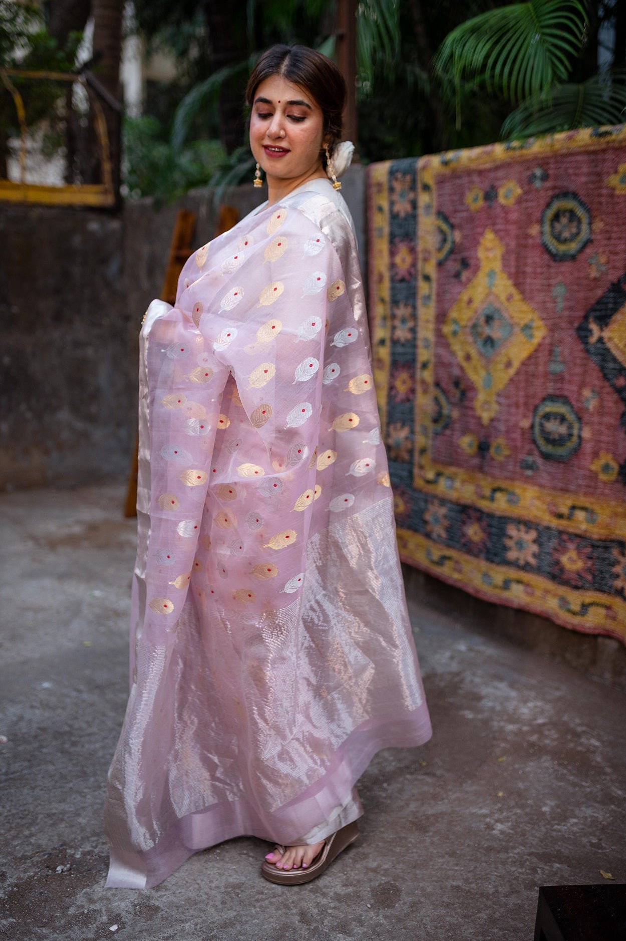 Light Pink Chanderi Sunflower Butta Organza Saree