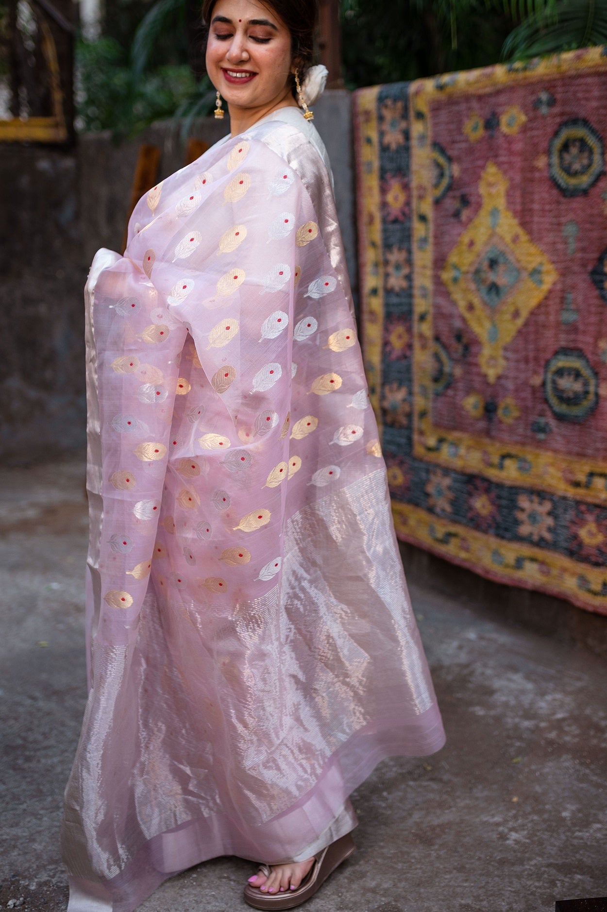 Light Pink Chanderi Sunflower Butta Organza Saree
