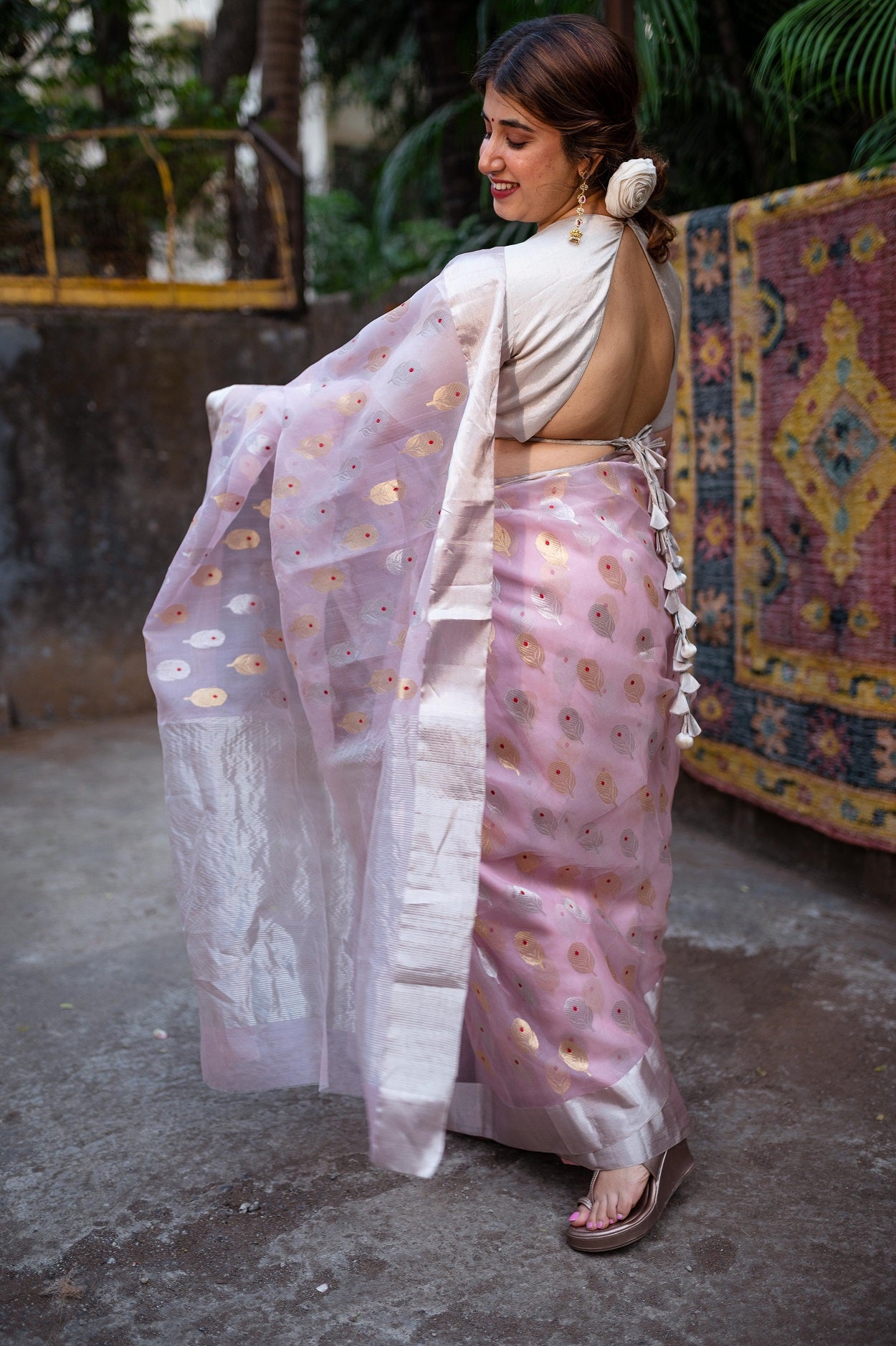 Light Pink Chanderi Sunflower Butta Organza Saree