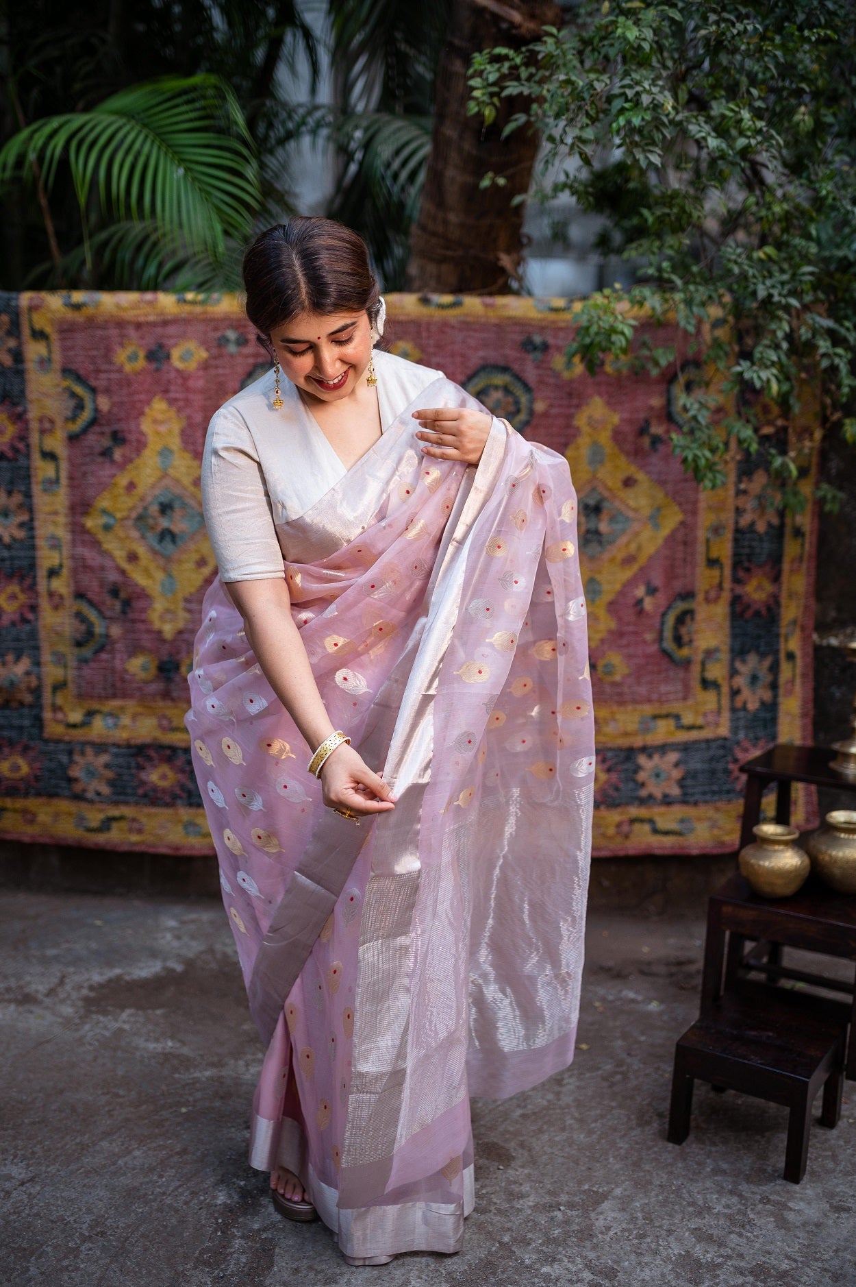 Light Pink Chanderi Sunflower Butta Organza Saree