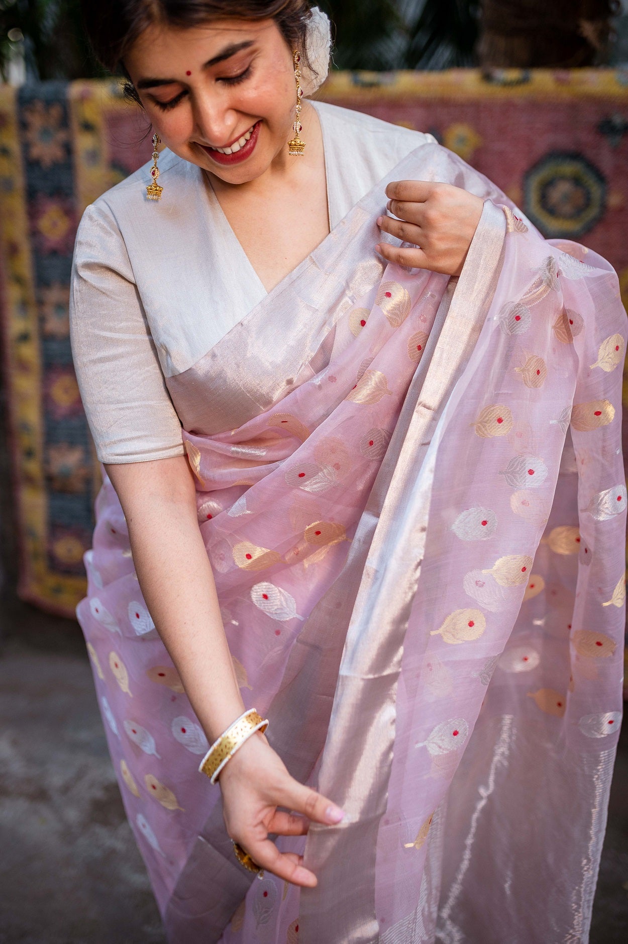 Light Pink Chanderi Sunflower Butta Organza Saree