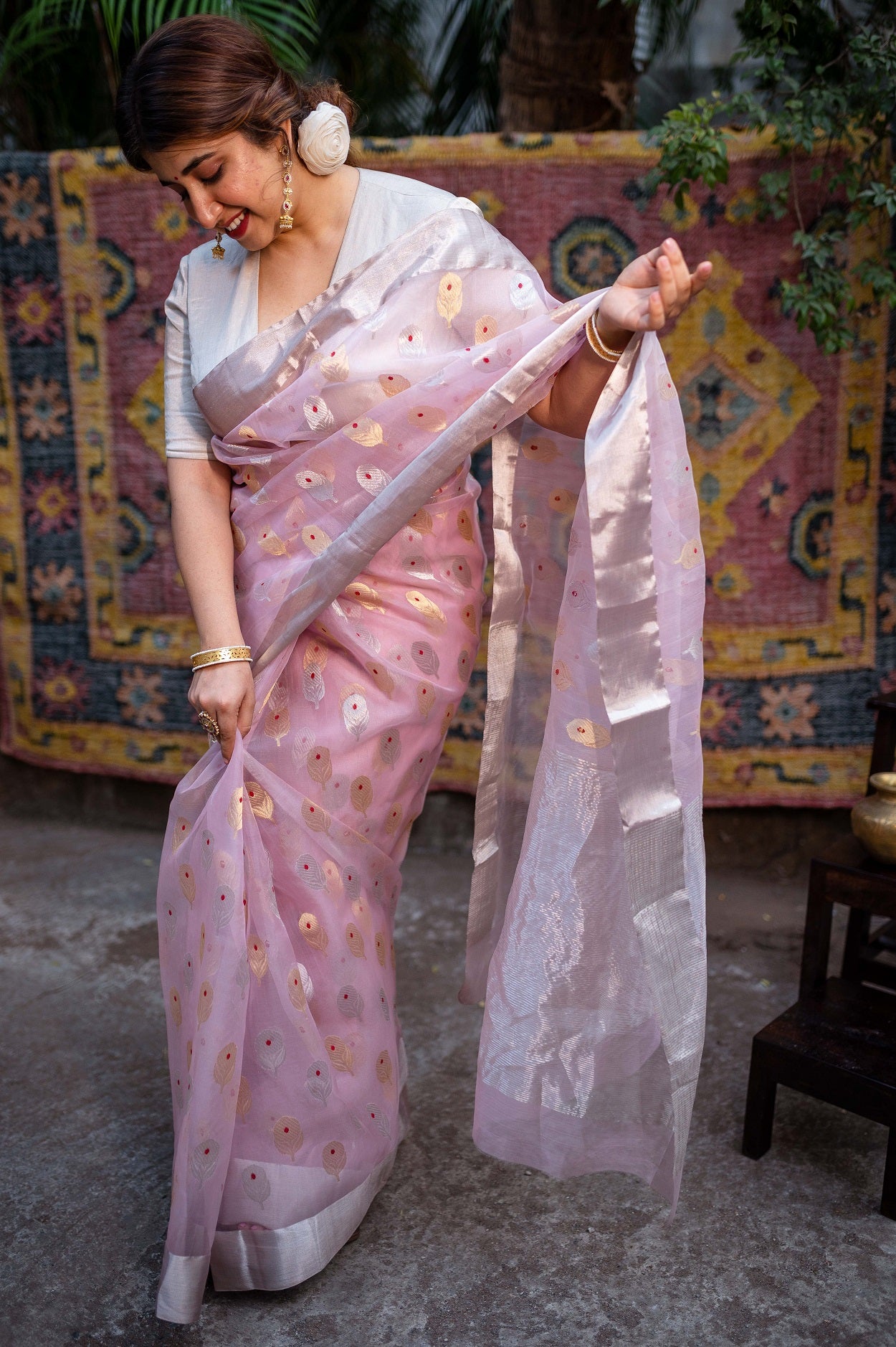 Light Pink Chanderi Sunflower Butta Organza Saree
