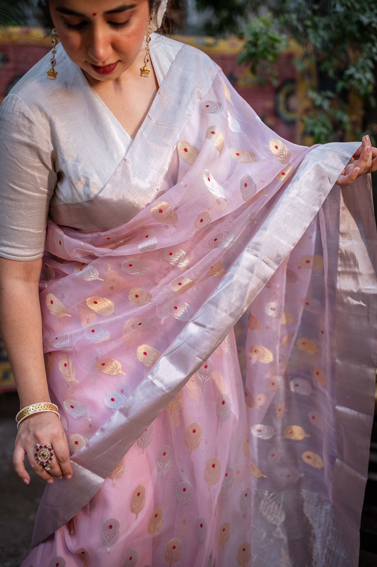 Light Pink Chanderi Sunflower Butta Organza Saree
