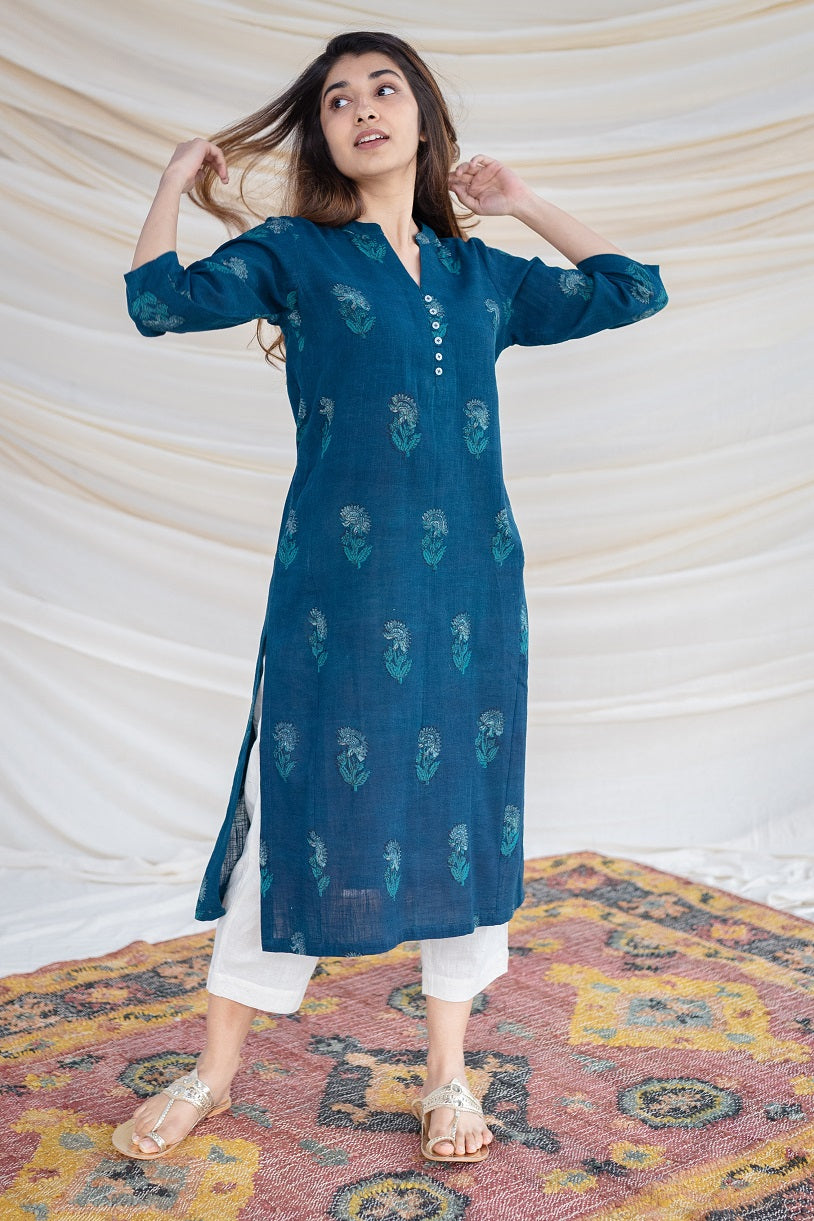 Jinal Slub Cotton Indigo Kurta