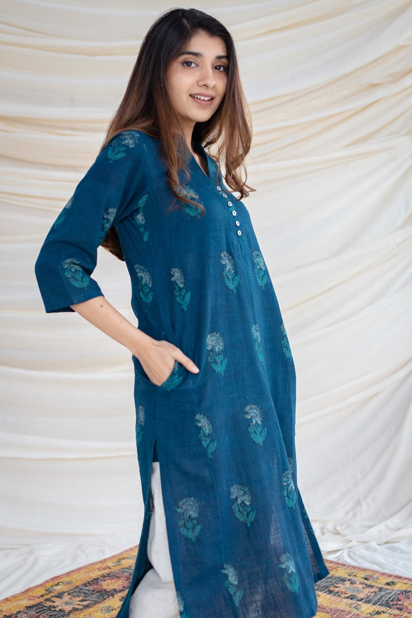 Jinal Slub Cotton Indigo Kurta